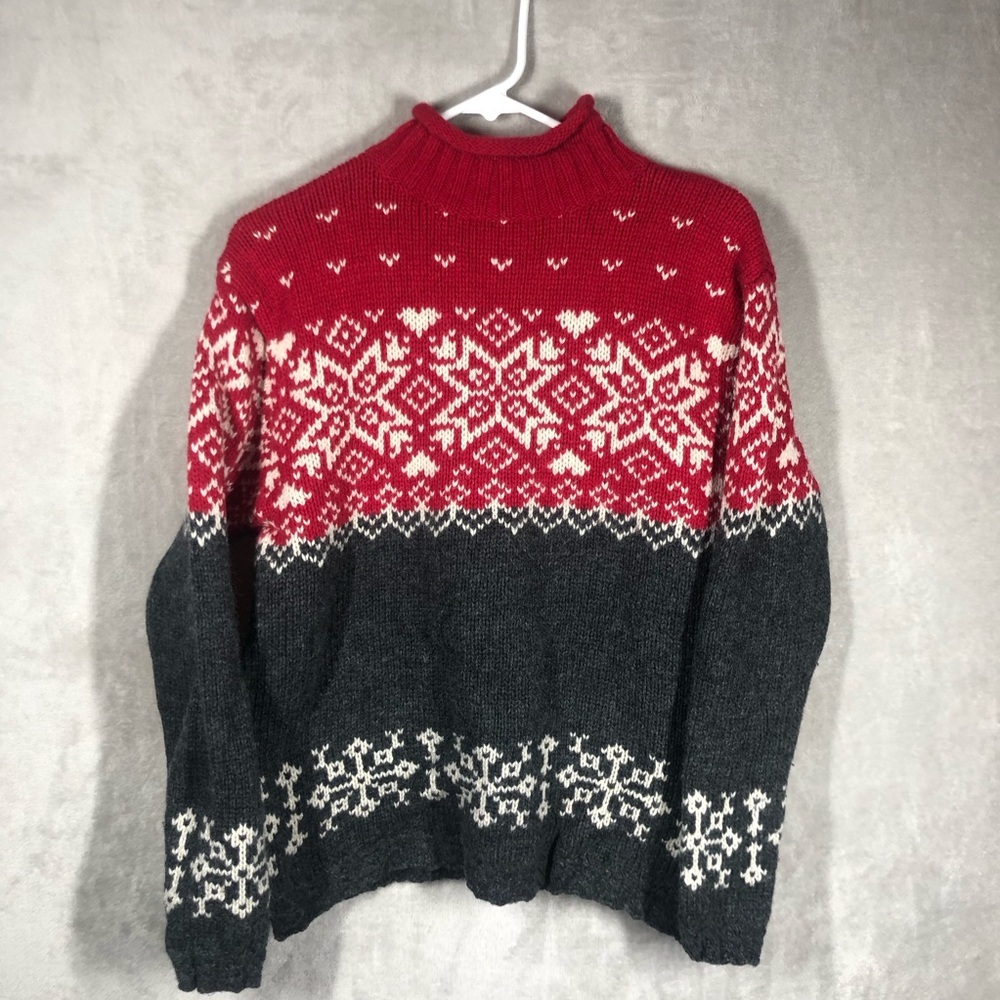 Fair Isle Wool Blend Sweater Womens M Red Grey Knit Retro Apres Ski Preppy Snow